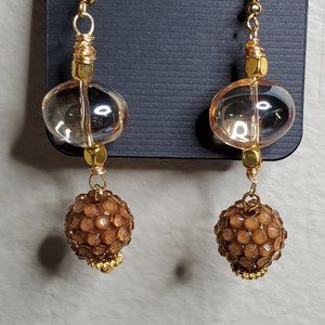 Classy Oval Clear Bead with Root beer Glitter Crystal Ball Bead Dangle Earrings.